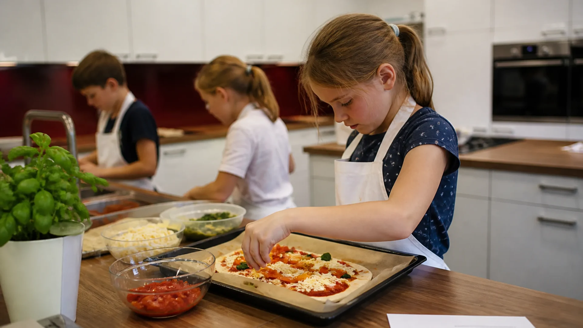 Kleine Küchenchefs am Werk: gesunde Pizza und Eis