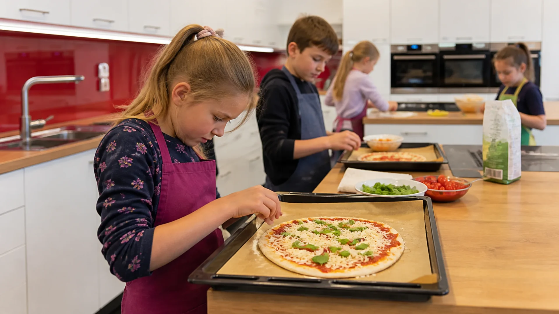 Kleine Küchenchefs am Werk: gesunde Pizza und Eis